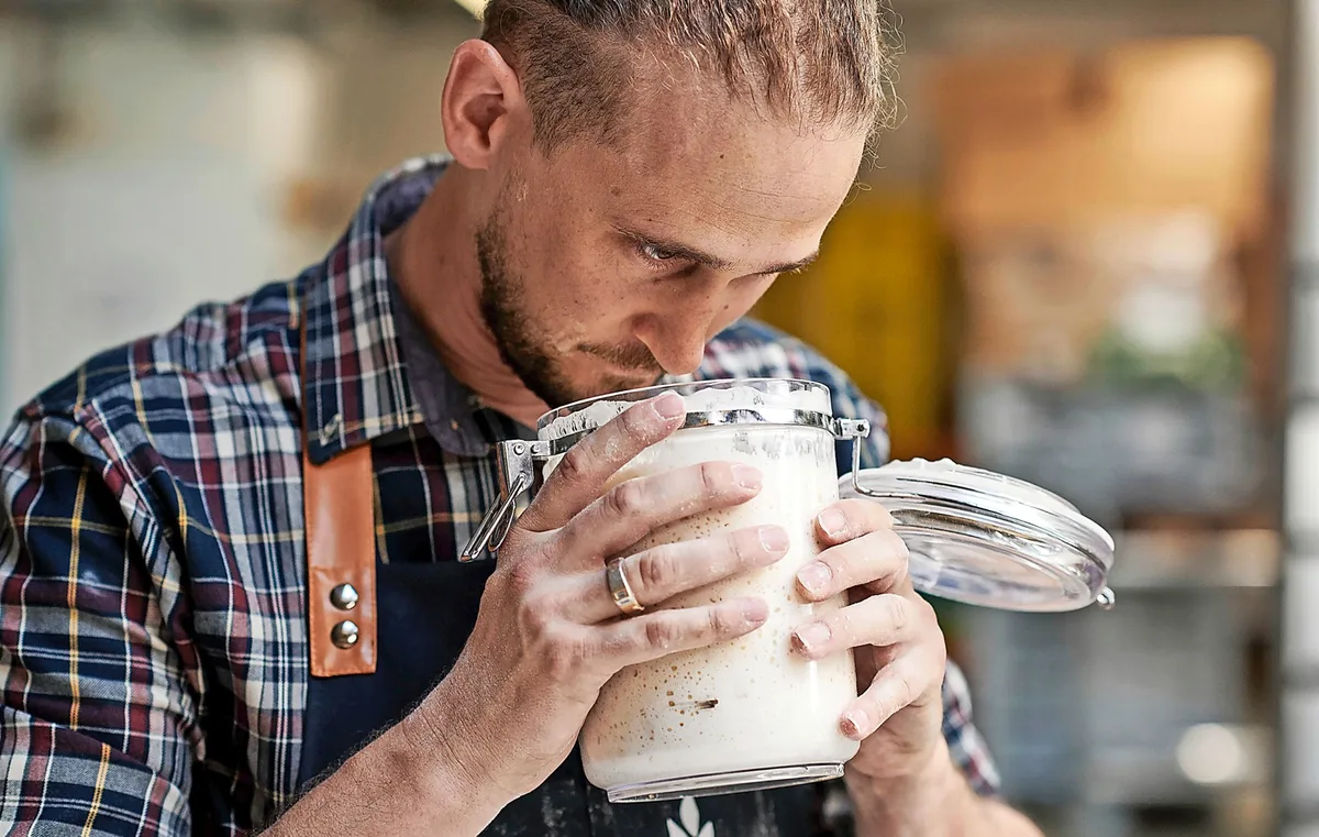 Martin Mayer riecht an einer Sauerteigkultur.